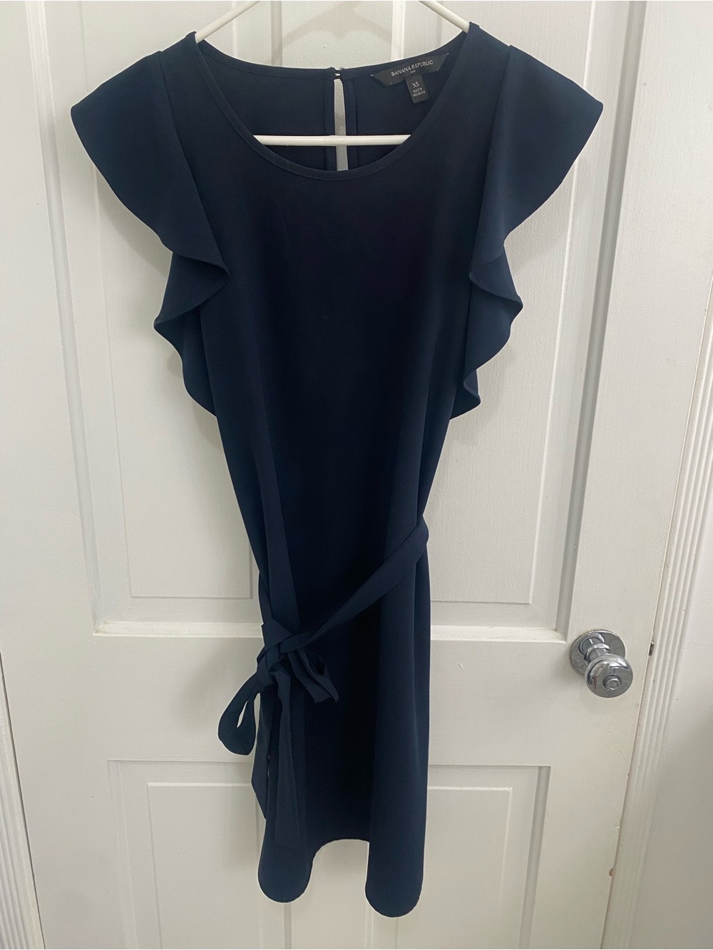 Banana Republic Navy Ruffle Sleeve Belted Sheath Dress